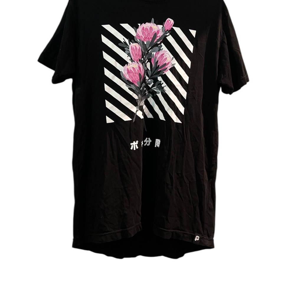 Black Graphic T-Shirt with Pink Floral Design